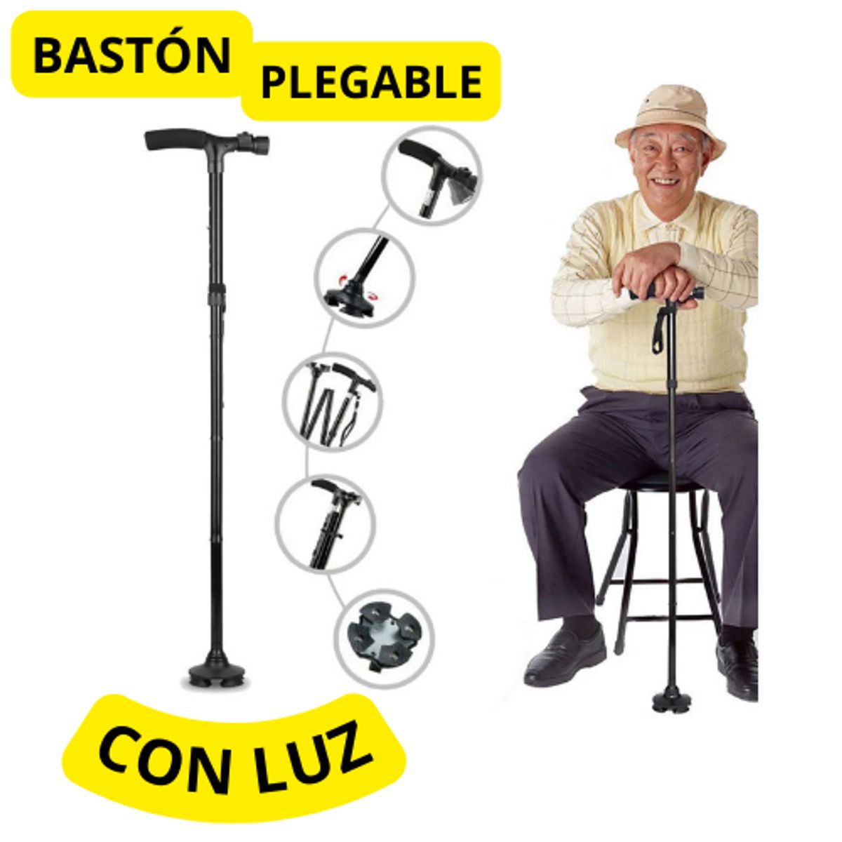 MOVI - Bastón Ortopédico Plegable Con Luz Led -Movilidad Segura y Confortable