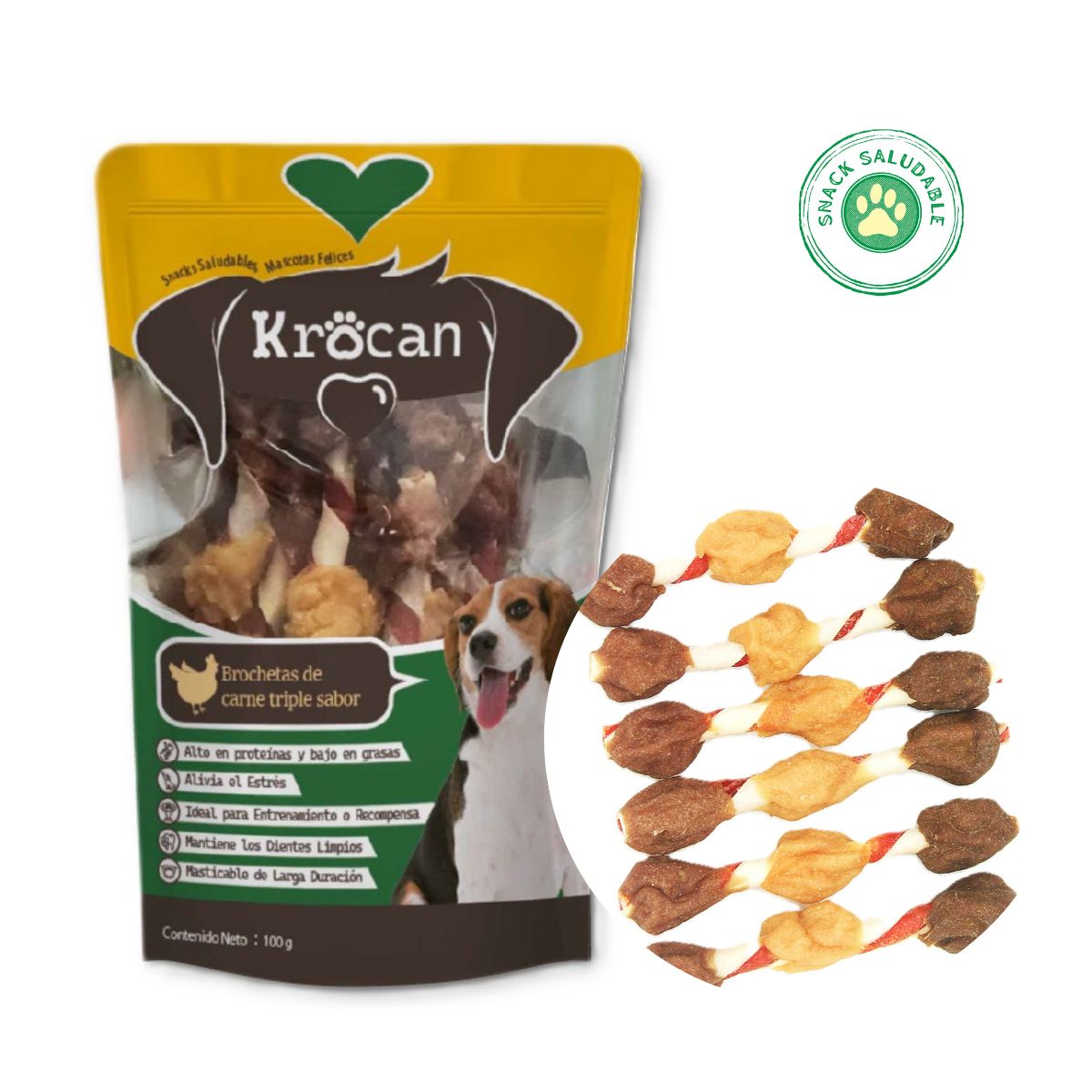 GENERICO - Snack Natural para Perros Carne Triple Sabor Brochetas 100 gr Krocan