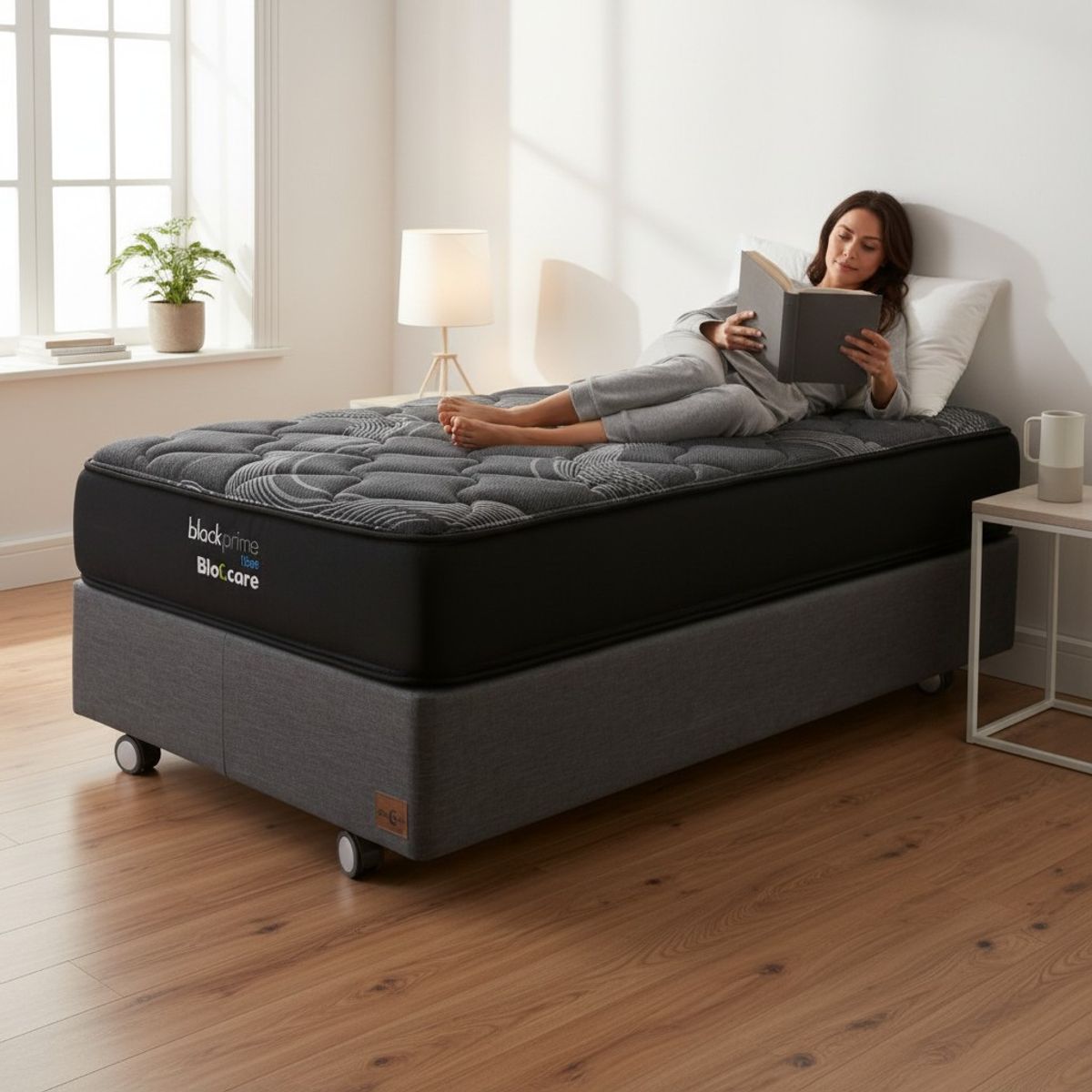 BLOCCARE - Cama 1.5 Plaza Box 30 cm - L190 cm  + Colchon Black Prime - Modelo Uno /Con Rueda Deluxe(Gris)