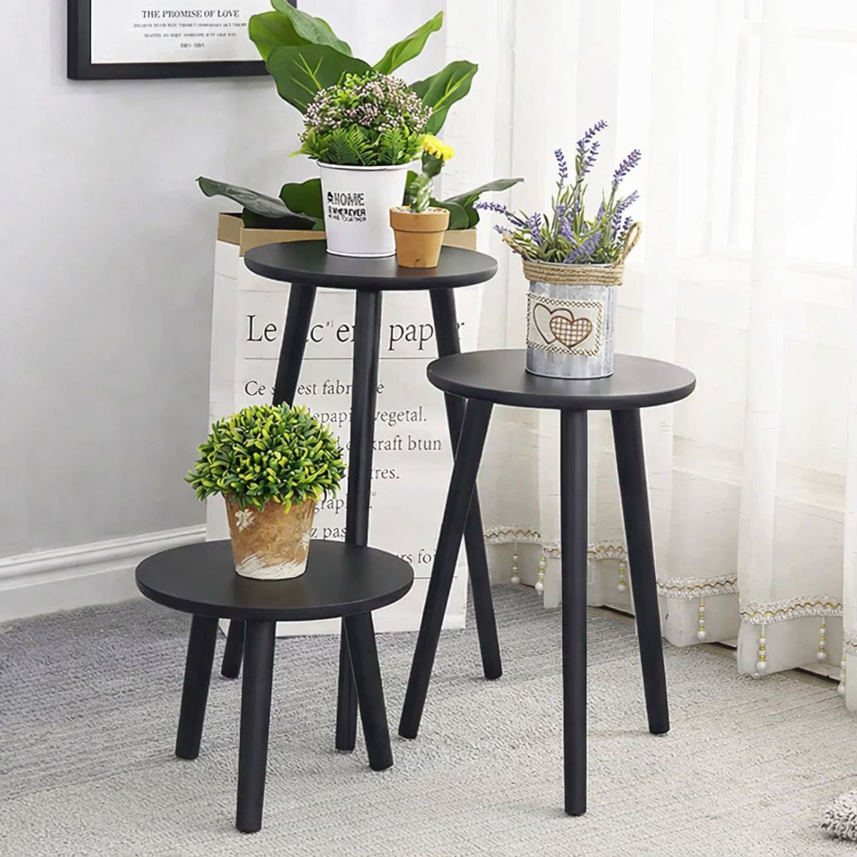 GENERICO - Kit 3 Soporte Alto Para Maceteros, Plantas Mesa Auxiliar Negro