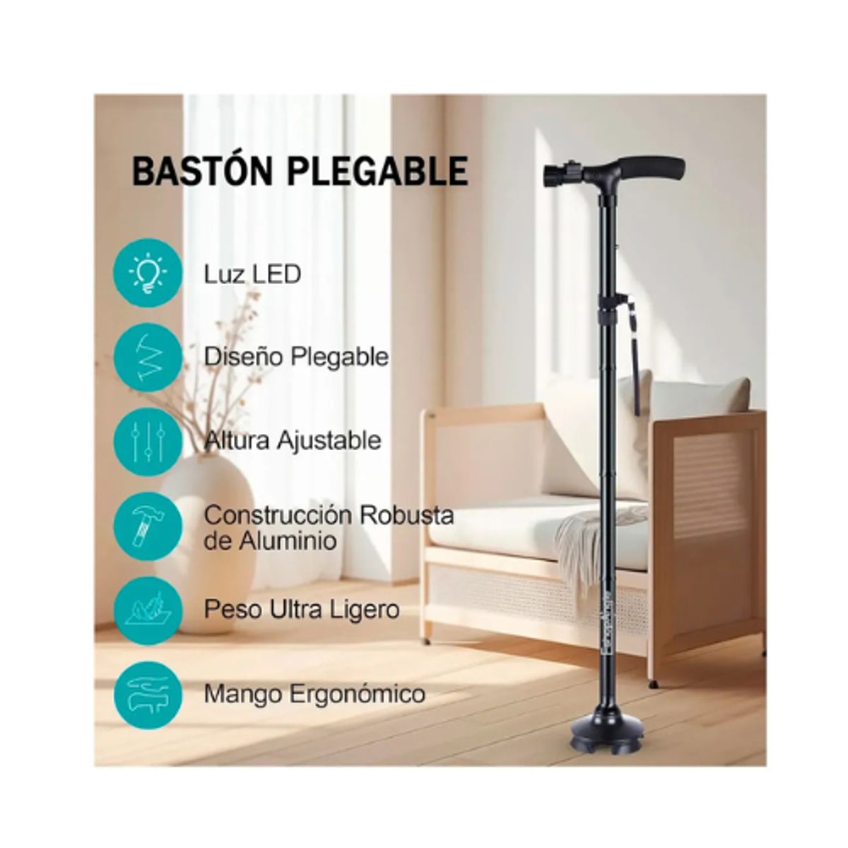 MOVI - Bastón Ortopédico Plegable Con Luz Led -Movilidad Segura y Confortable