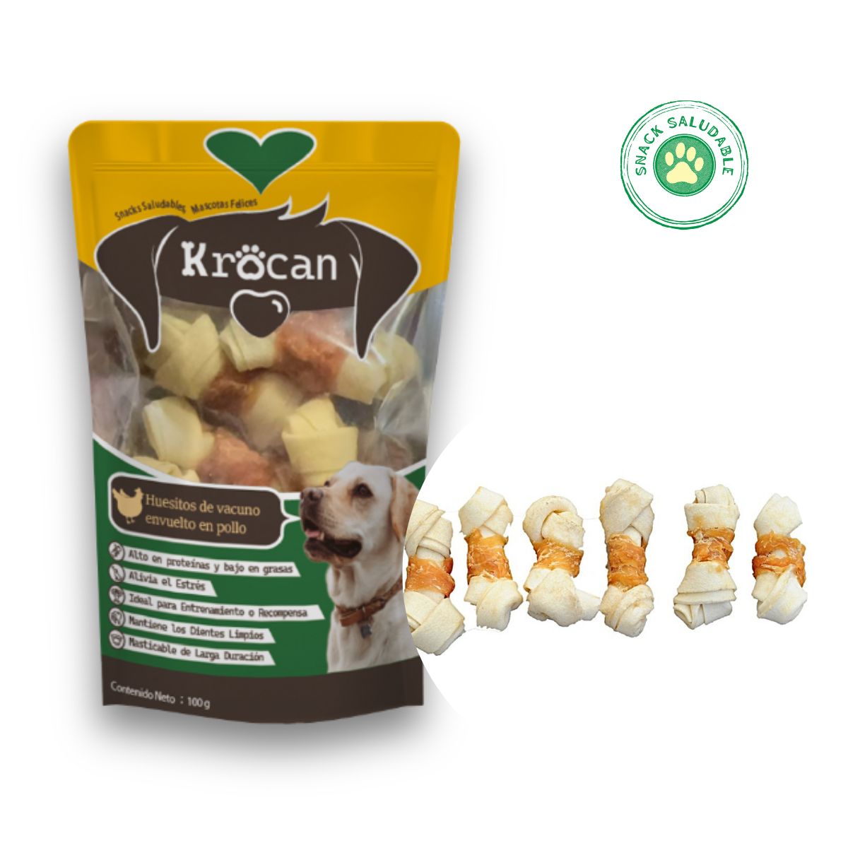 GENERICO - Snack Natural para Perros Vacuno Envueltos en Pollo Huesitos 100 gr Krocan