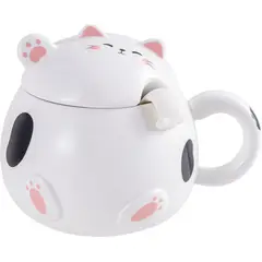 GENERICO - Taza Mug Neko Gato Gordo Tapa Y Cuchara Regalo Catlover Blanco