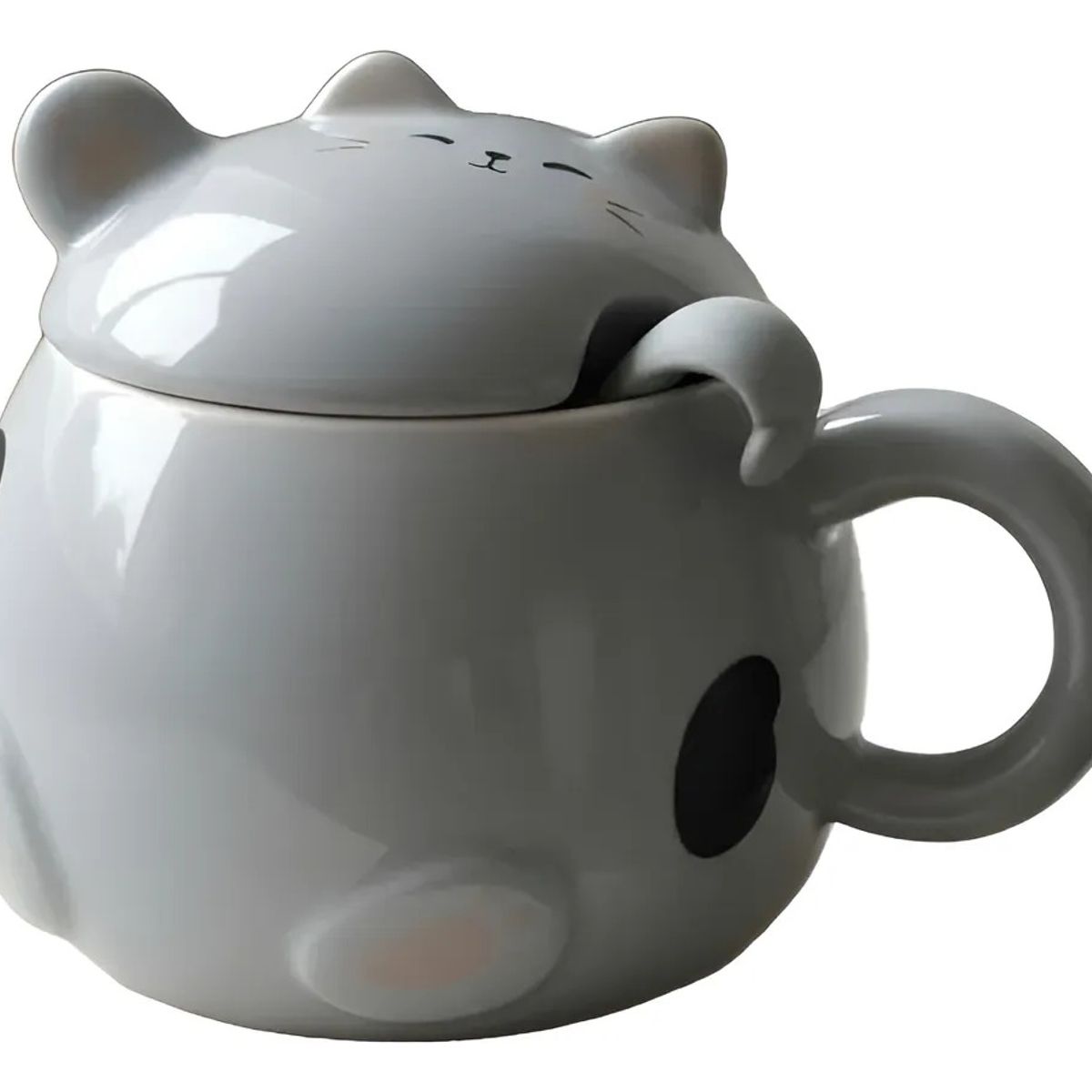 GENERICO - Taza Mug Neko Gato Gordo Tapa Y Cuchara Regalo Catlover Gris