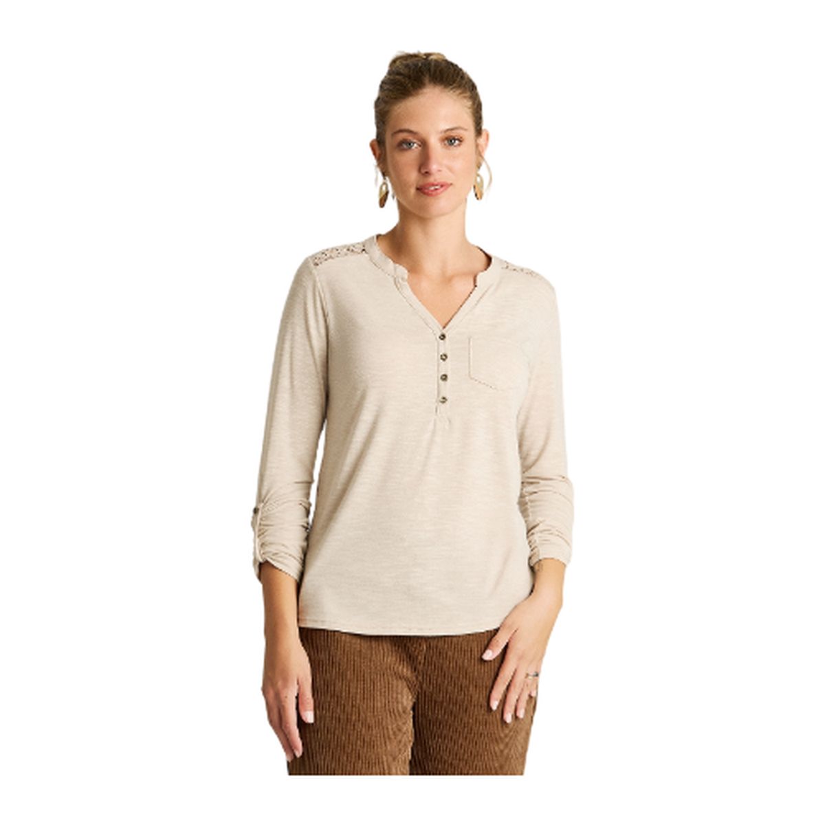 LORENZO DI PONTTI - Polera Beige Manga Larga con Detalle de Macramé