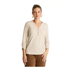 LORENZO DI PONTTI - Polera Beige Manga Larga con Detalle de Macramé