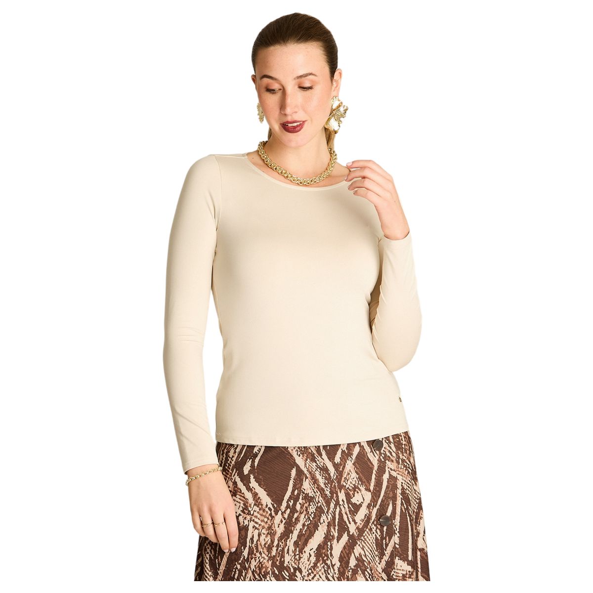 LORENZO DI PONTTI - Polera Básica Arena Manga Larga Escote Redondo