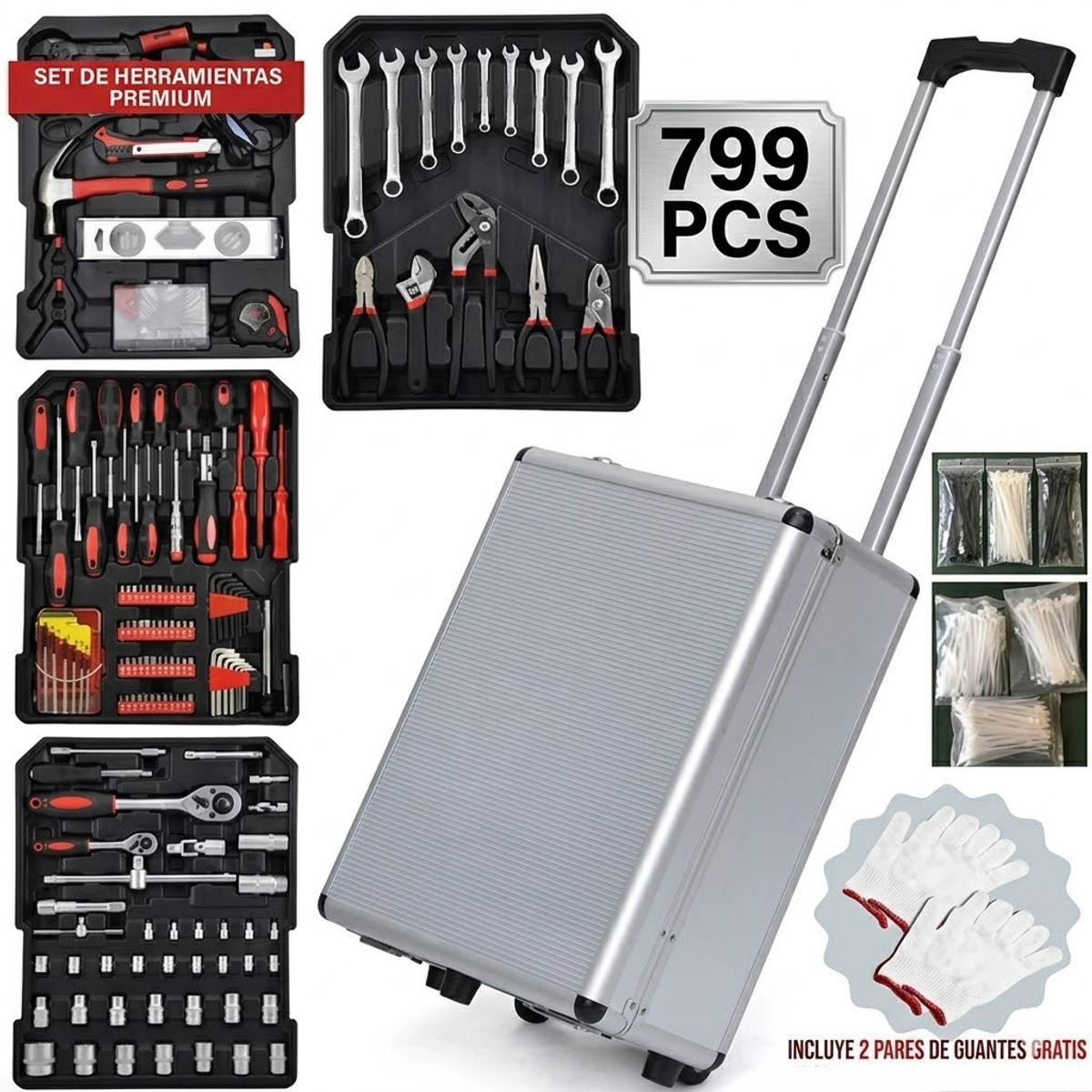 MOVI - Set Herramientas 799 Piezas Maleta Ruedas Profesional Hogar Maletín