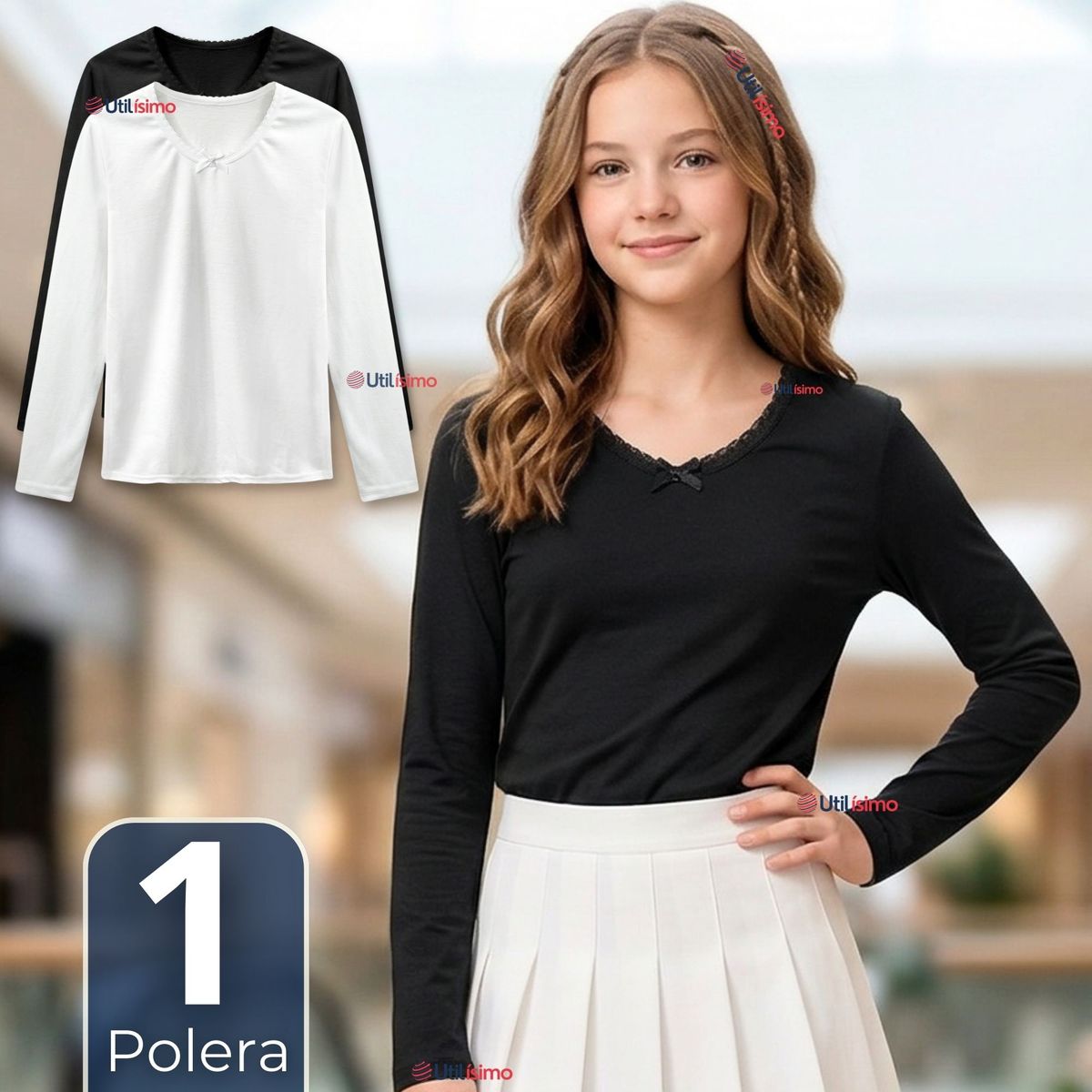UTILISIMO - Camiseta Polera Algodón Cuello Redondo Primera Capa Manga Larga Colores Surtidos Niña Juvenil