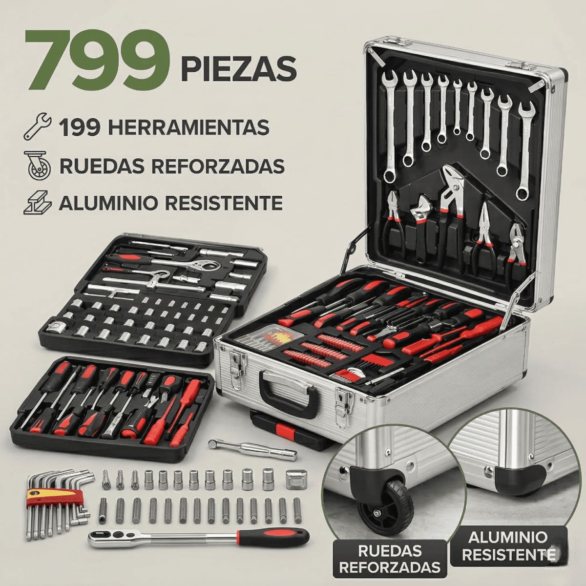 MOVI - Set Herramientas 799 Piezas Maleta Ruedas Profesional Hogar Maletín
