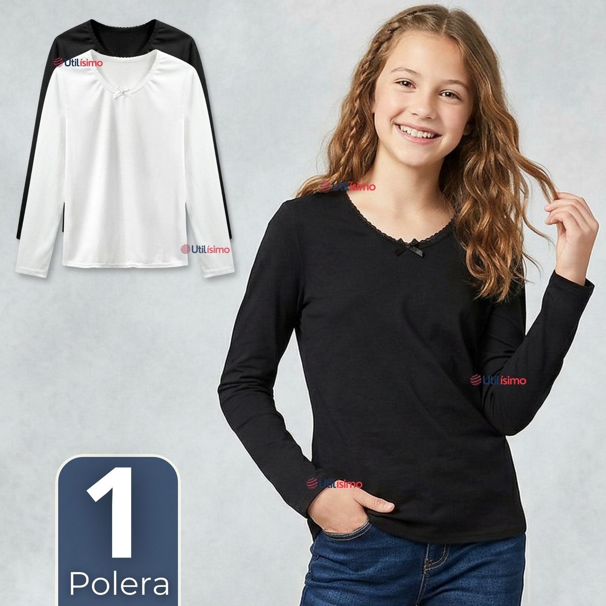 UTILISIMO - Camiseta Polera Algodón Cuello Redondo Primera Capa Manga Larga Colores Surtidos Niña Juvenil