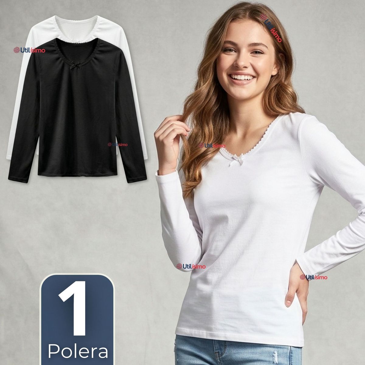 UTILISIMO - Camiseta Polera Algodón Cuello Redondo Primera Capa Manga Larga Colores Surtidos Niña Juvenil