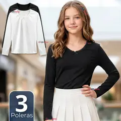 UTILISIMO - Pack 3 Camisetas Poleras Algodón Cuello Redondo Primera Capa Manga Larga Color Surtidos Niña Juvenil