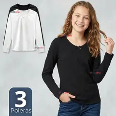 UTILISIMO - Pack 3 Camisetas Poleras Algodón Cuello Redondo Primera Capa Manga Larga Color Surtidos Niña Juvenil