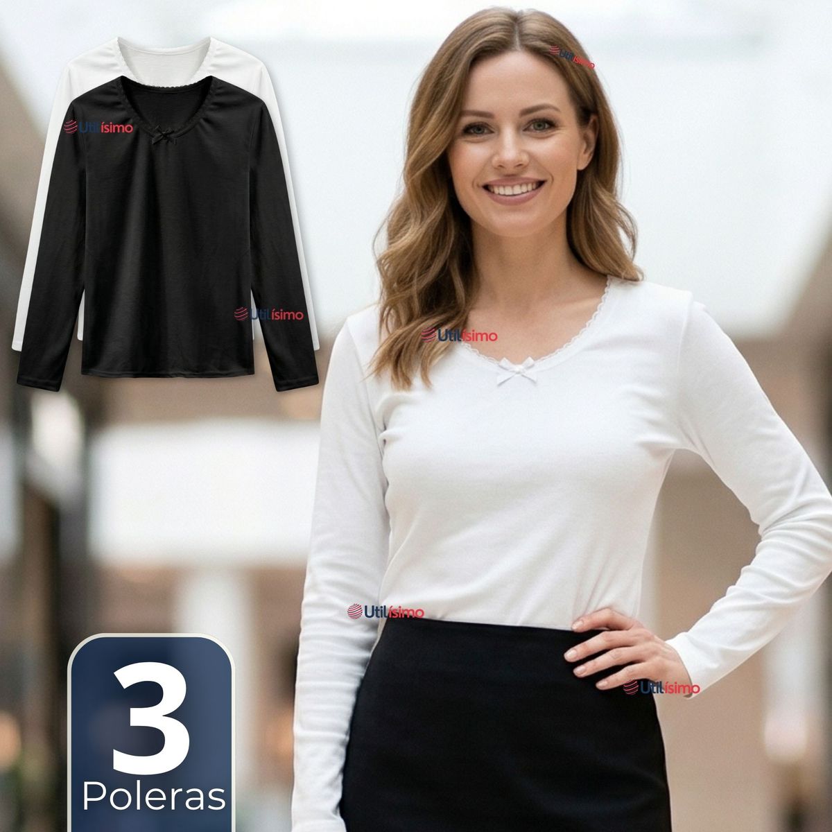 UTILISIMO - Pack 3 Camisetas Poleras Algodón Cuello Redondo Primera Capa Manga Larga Color Surtidos Niña Juvenil