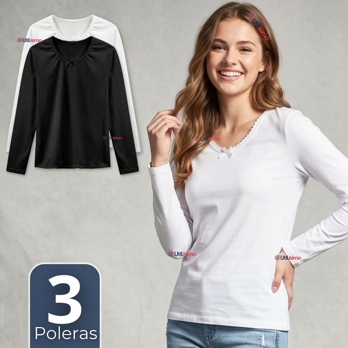 UTILISIMO - Pack 3 Camisetas Poleras Algodón Cuello Redondo Primera Capa Manga Larga Color Surtidos Niña Juvenil
