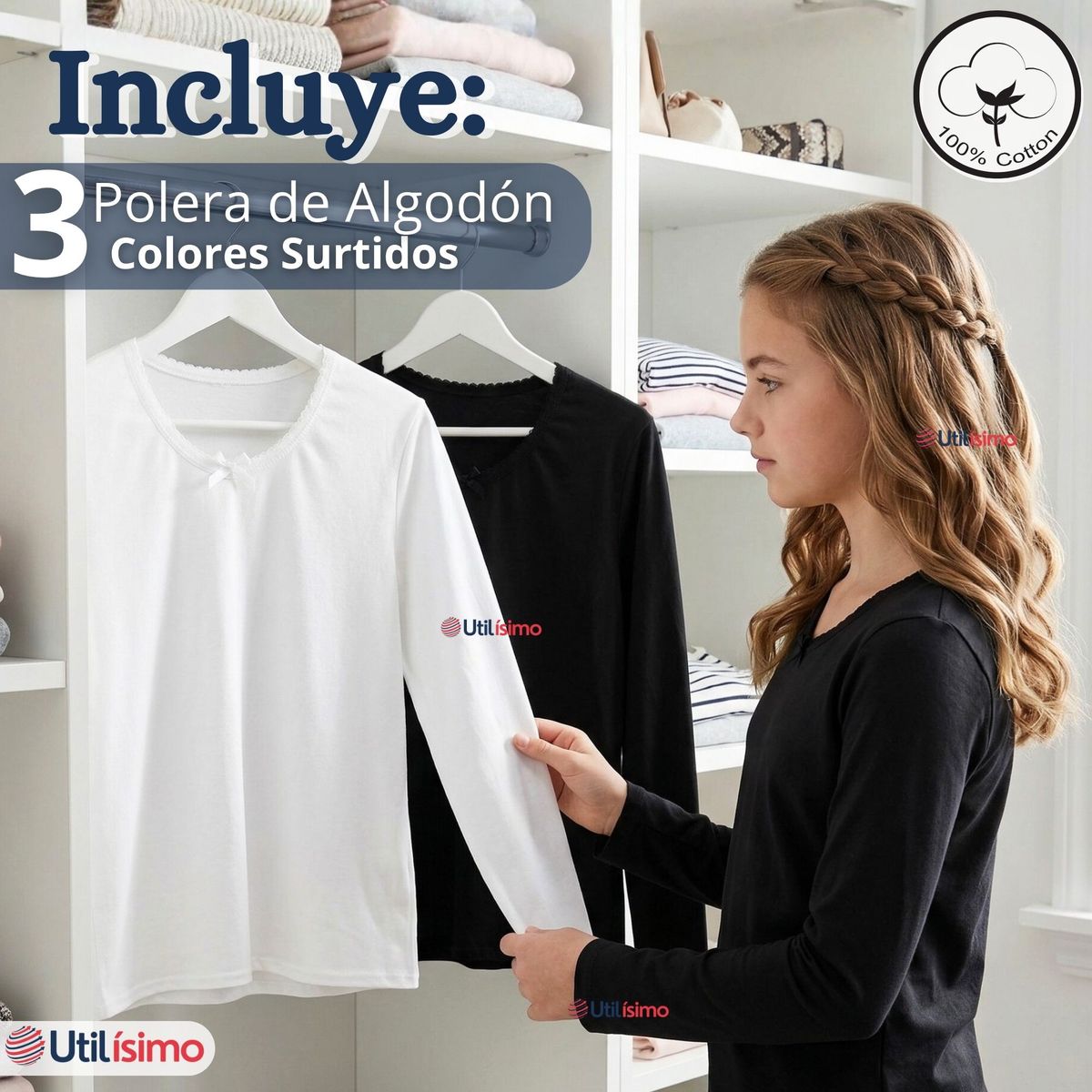 UTILISIMO - Pack 3 Camisetas Poleras Algodón Cuello Redondo Primera Capa Manga Larga Color Surtidos Niña Juvenil