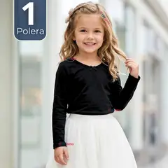 UTILISIMO - Camiseta Polera Algodón Cuello Redondo Negra Primera Capa Manga Larga Niña