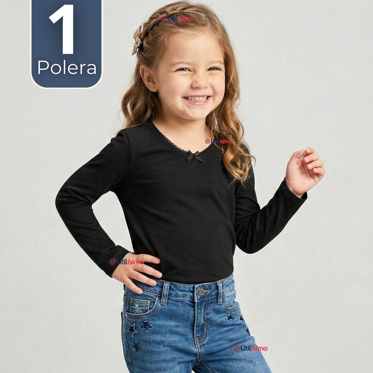 UTILISIMO - Camiseta Polera Algodón Cuello Redondo Negra Primera Capa Manga Larga Niña