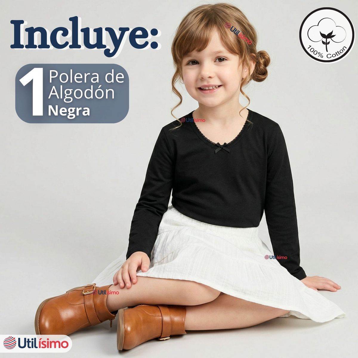 UTILISIMO - Camiseta Polera Algodón Cuello Redondo Negra Primera Capa Manga Larga Niña