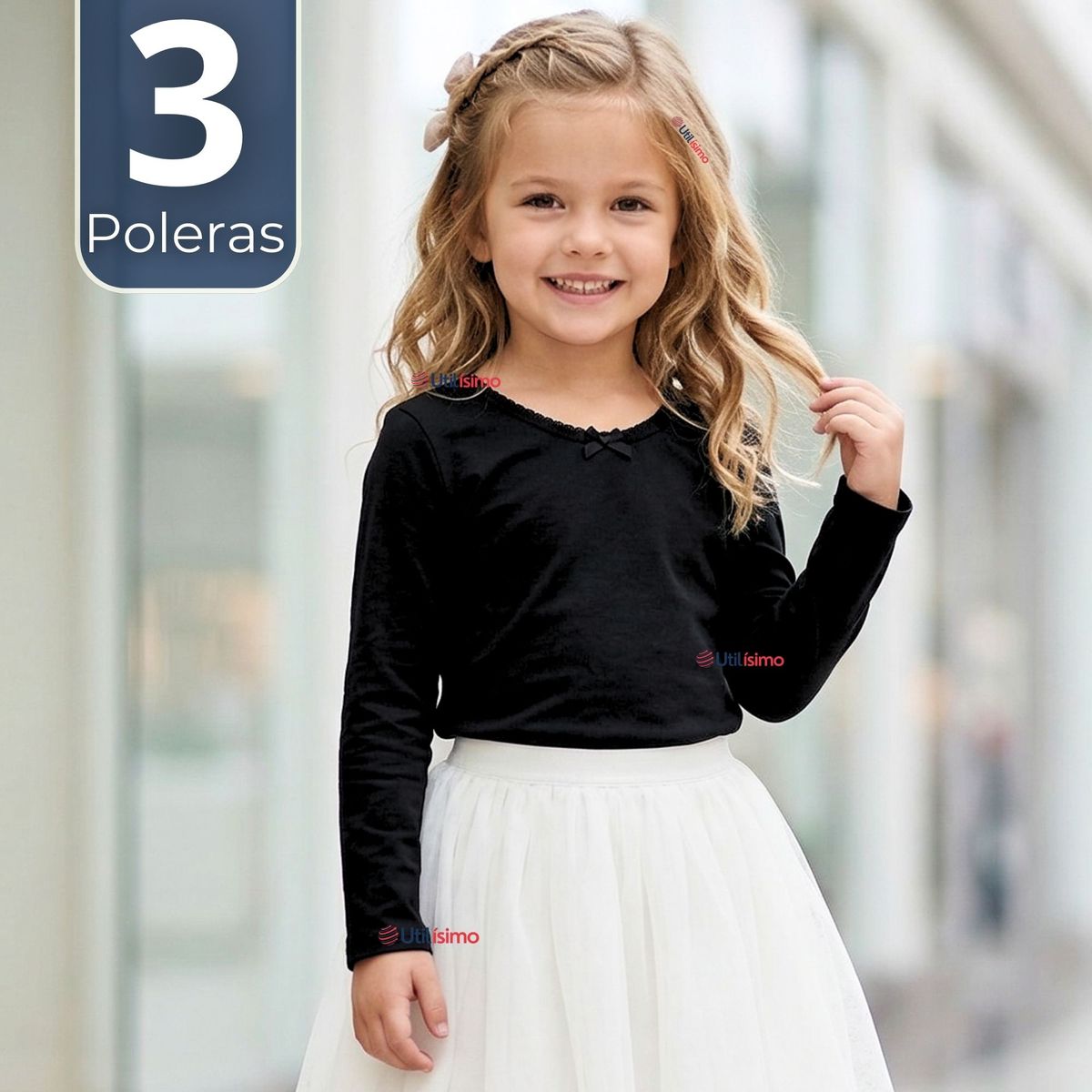 UTILISIMO - Pack 3 Camiseta Polera Algodón Cuello Redondo Negra Primera Capa Manga Larga Niña