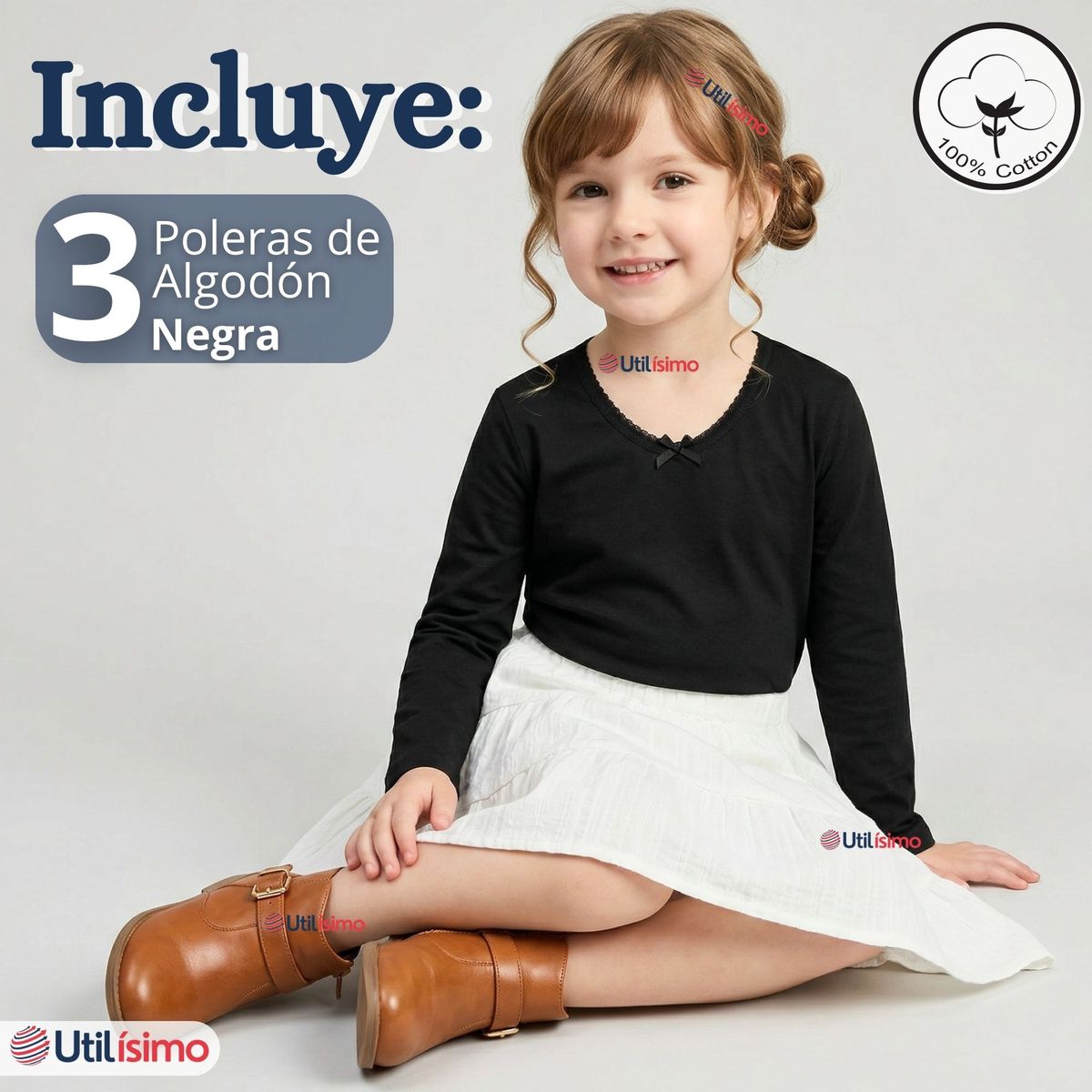 UTILISIMO - Pack 3 Camiseta Polera Algodón Cuello Redondo Negra Primera Capa Manga Larga Niña