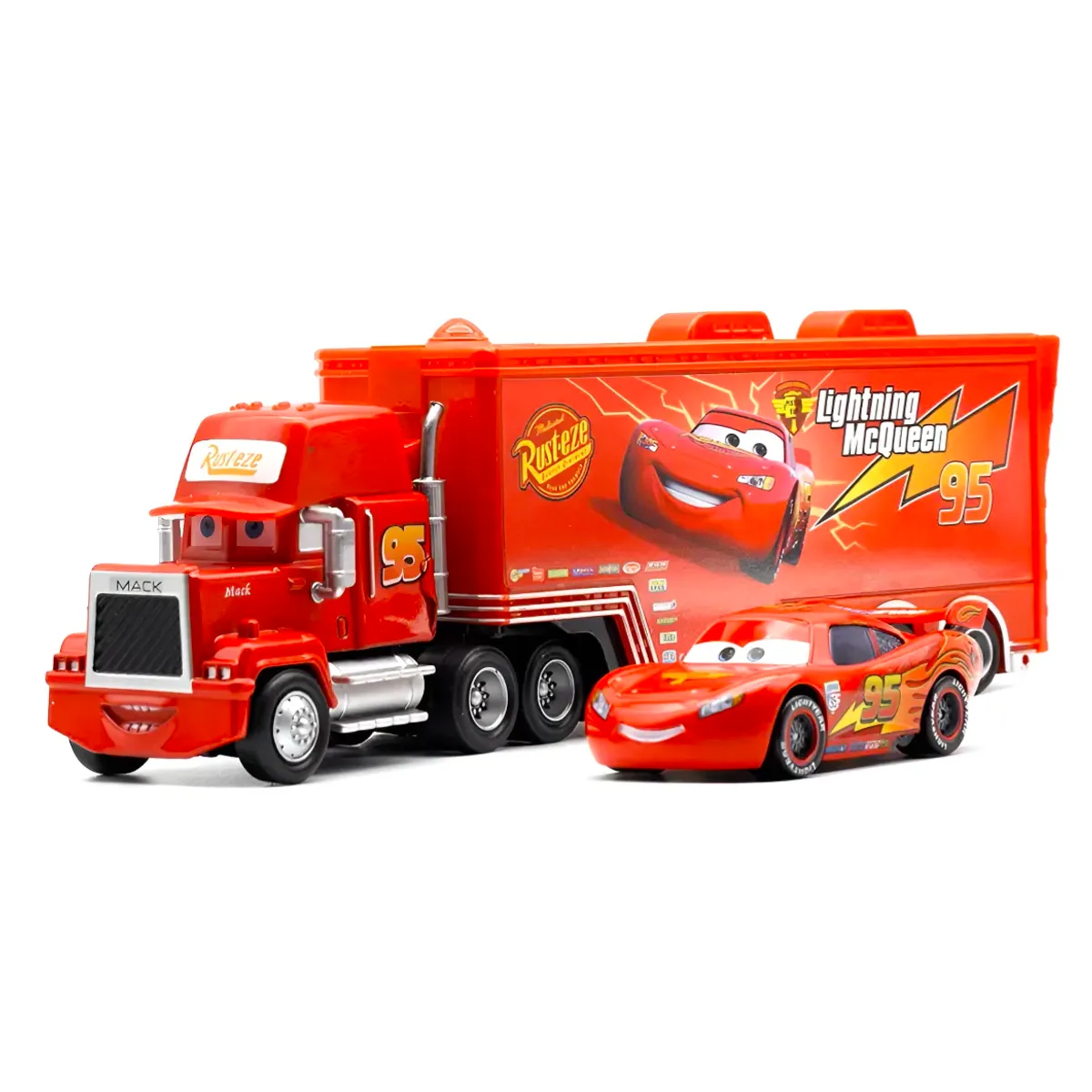 GENERICO - Trailer Mack Y Carro Rayo Mcqueen Cars Metal Plástico Color Rojo