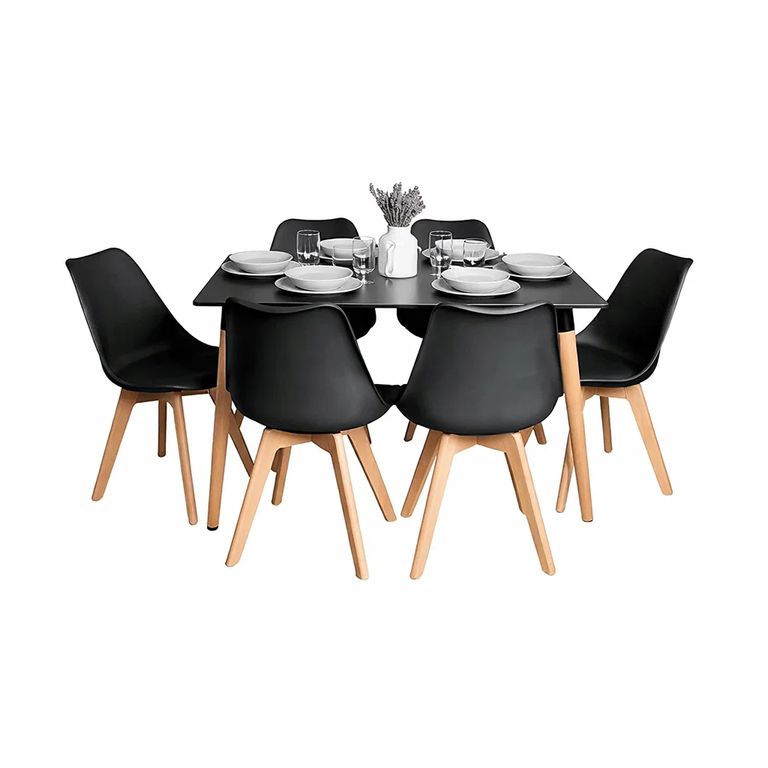 Comedor Mesa Rectangular Negra + 6 Sillas Tulip Negras Negro
