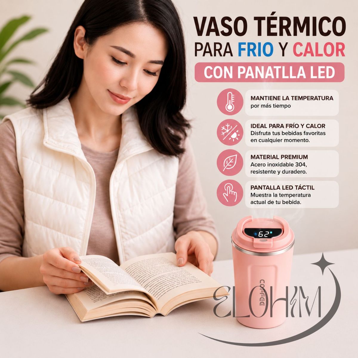 MOVI - VASO TÉRMICO PARA FRIO Y CALIENTE CON PANATLLA LED- TU  BEBIDA A LA TEMPERATURA PERFECTA- MUJER