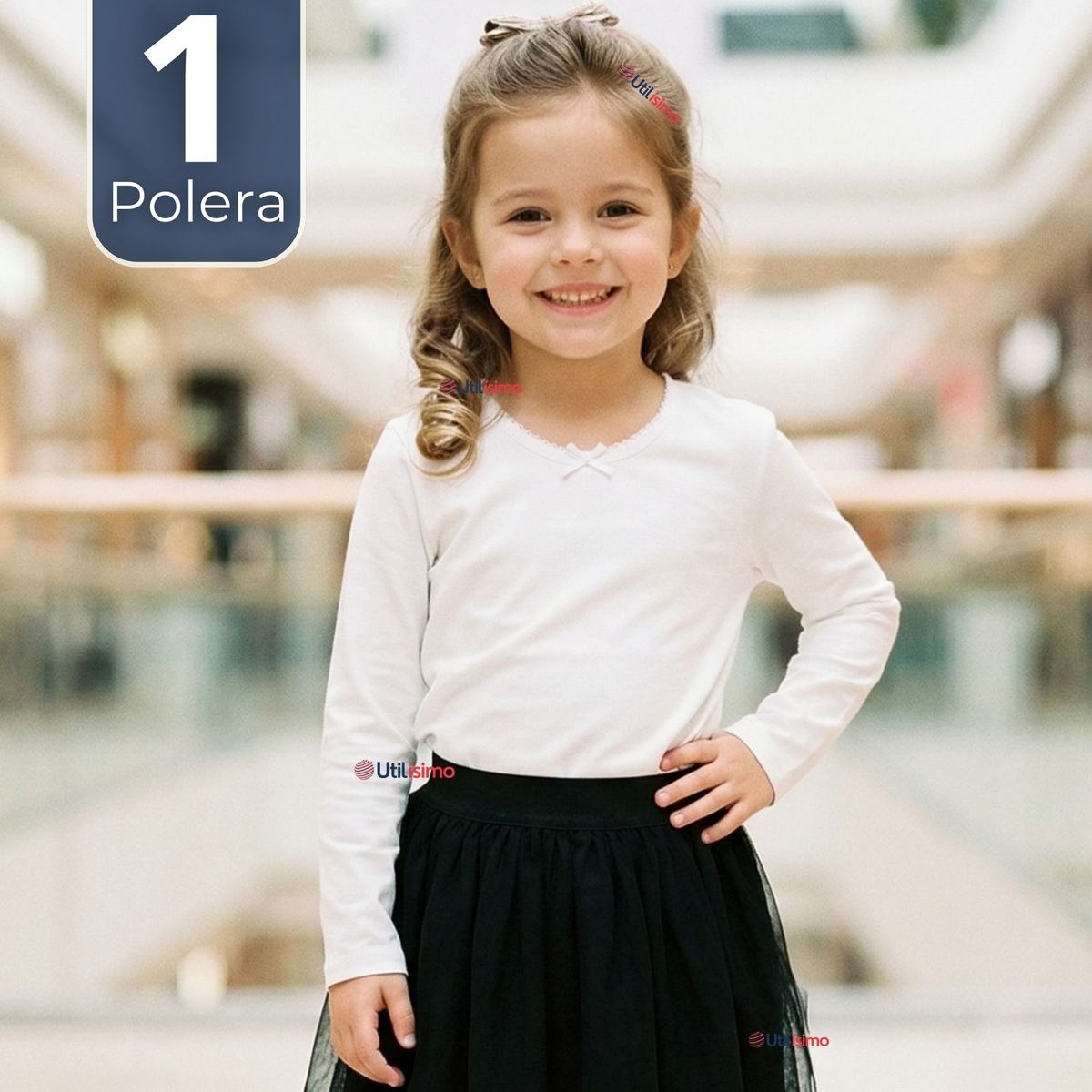 UTILISIMO - Camiseta Polera Algodón Cuello Redondo Blanca Primera Capa Manga Larga Niña