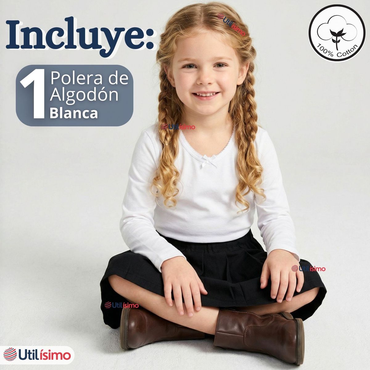 UTILISIMO - Camiseta Polera Algodón Cuello Redondo Blanca Primera Capa Manga Larga Niña