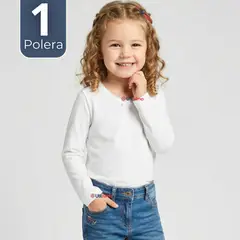 UTILISIMO - Camiseta Polera Algodón Cuello Redondo Blanca Primera Capa Manga Larga Niña