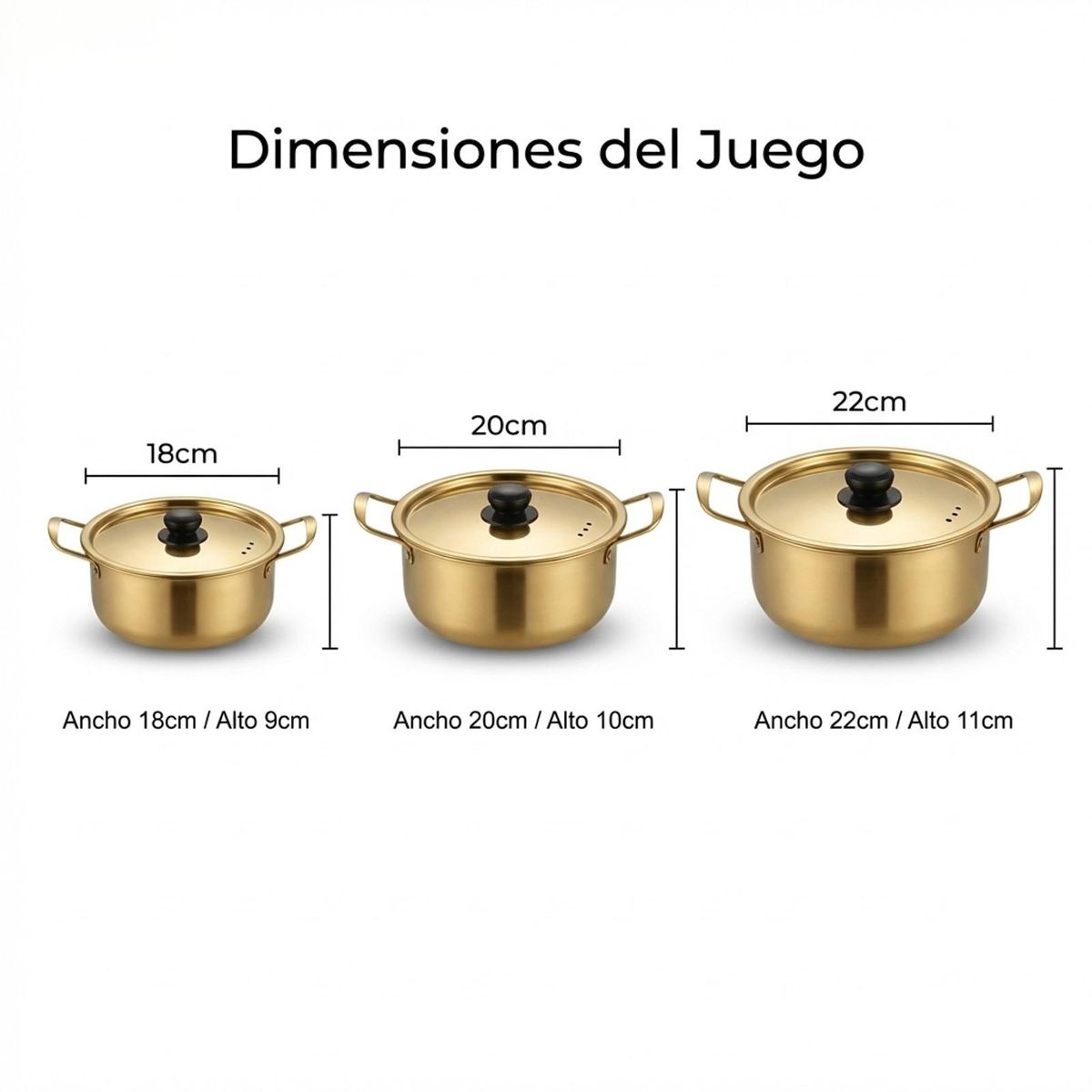 GENERICO - Juego de 3 Ollas Acero Inoxidable con Asas-dorado