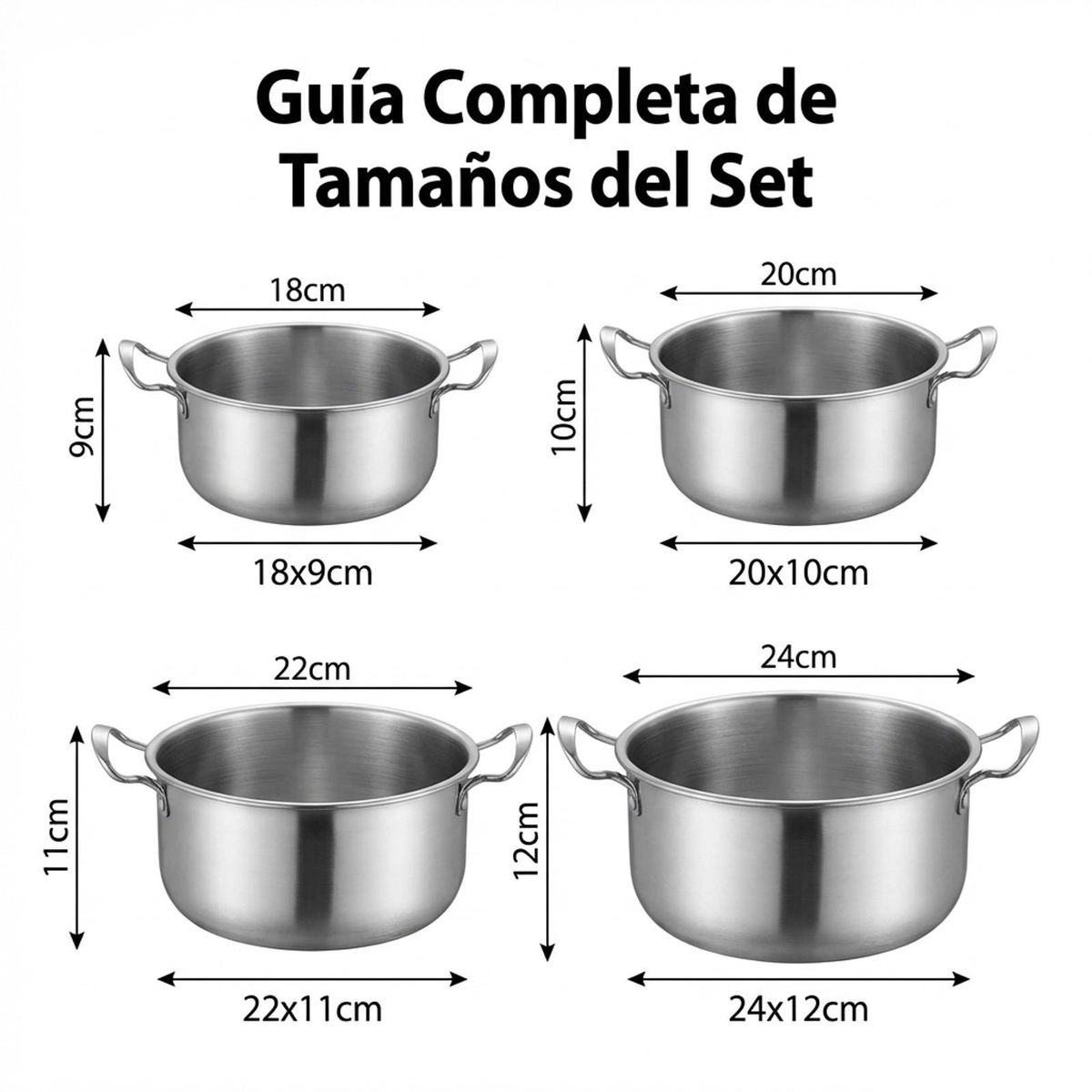 GENERICO - Juego de 4 Ollas Acero Inoxidable con Asas-plateado