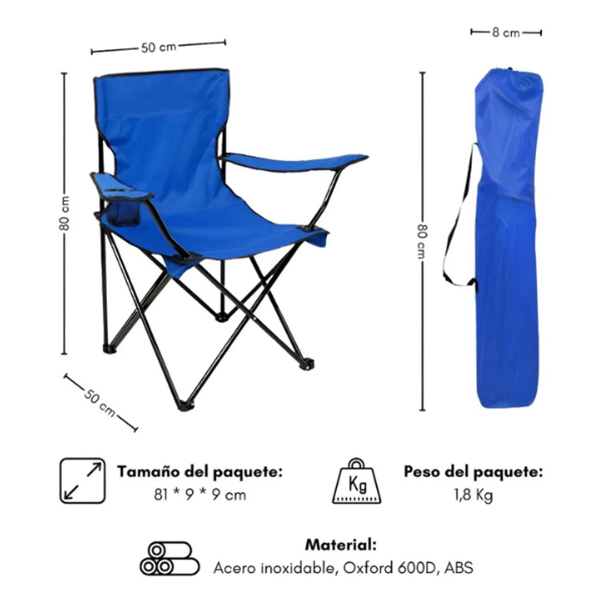 GENERICO - Silla Plegable Negro con Porta Vaso + Bolsa  Camping y Playa