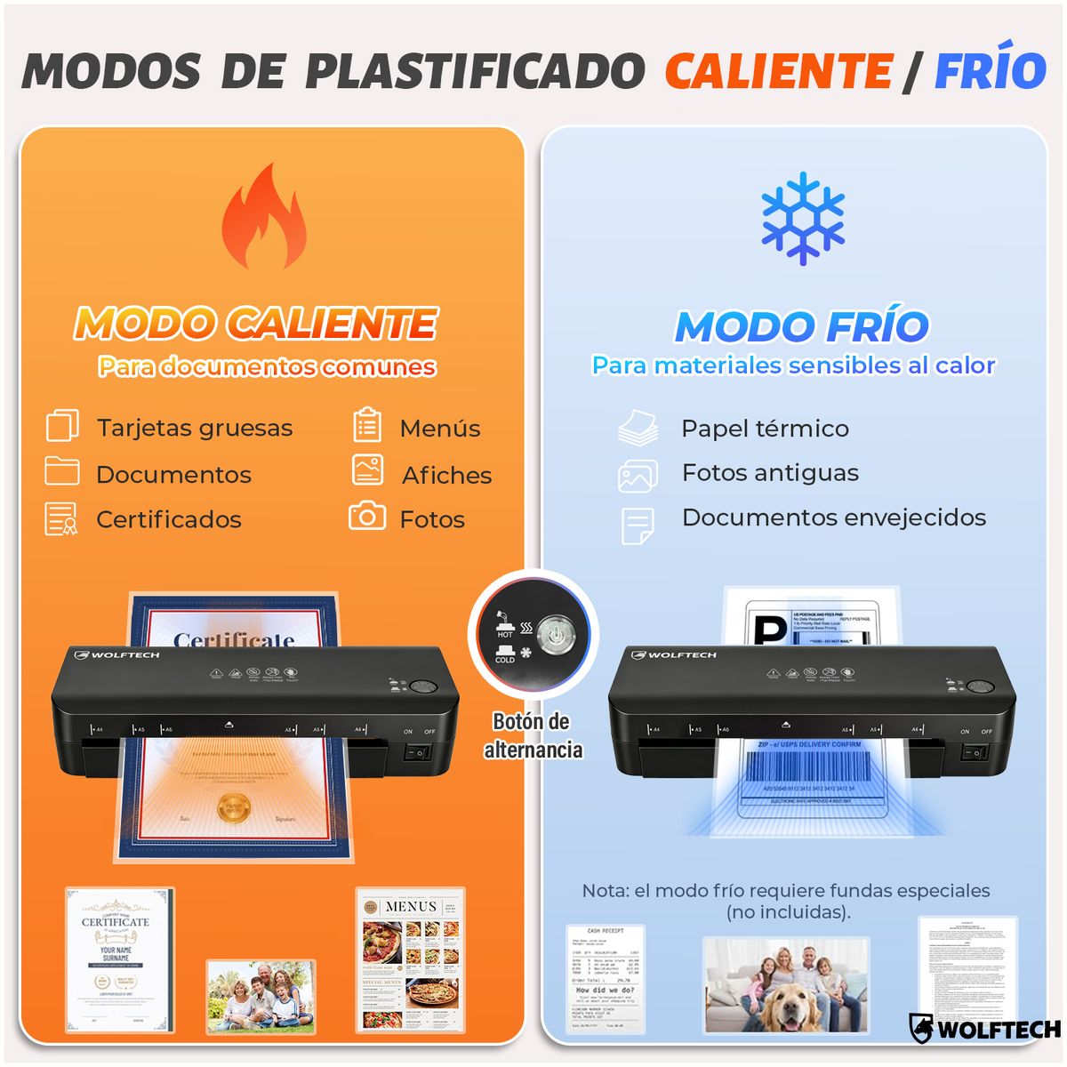 WOLFTECH - Termolaminadora Plastificadora A4 Frío Caliente 100 Láminas