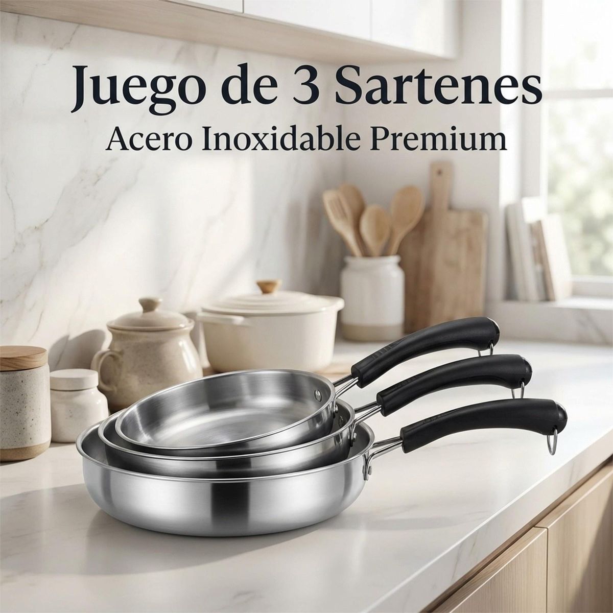 GENERICO - Juego de 3 Sartenes de Acero Inoxidable con Mango