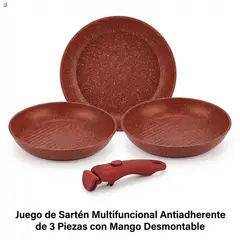 GENERICO - Juego de 3 Sartenes Rojas, Mango Desmontable, Acero Carbono Antiadherente