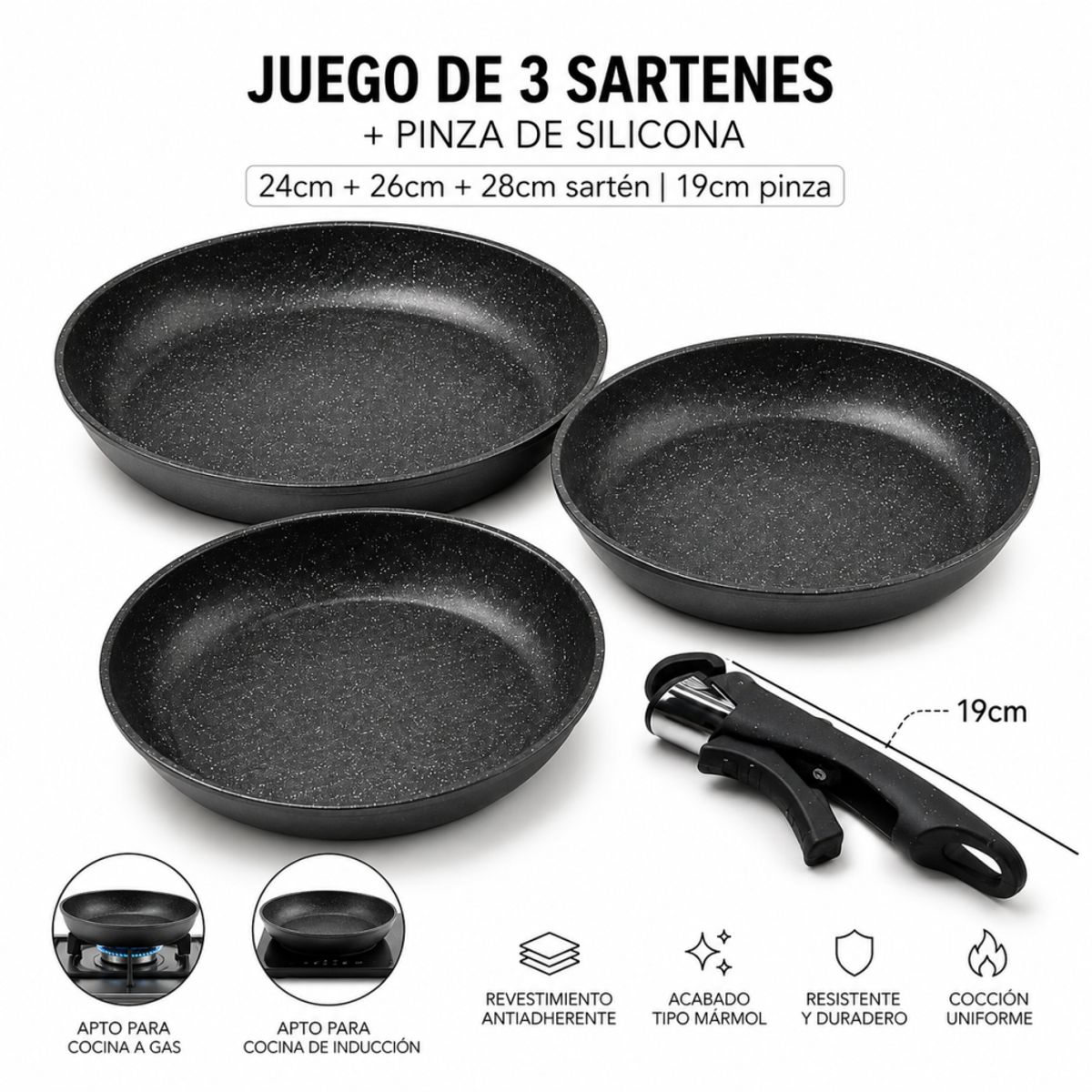 GENERICO - Juego de 3 Sartenes Negras, Mango Desmontable, Acero Carbono Antiadherente