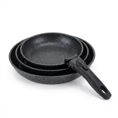 GENERICO - Juego de 3 Sartenes Negras, Mango Desmontable, Acero Carbono Antiadherente