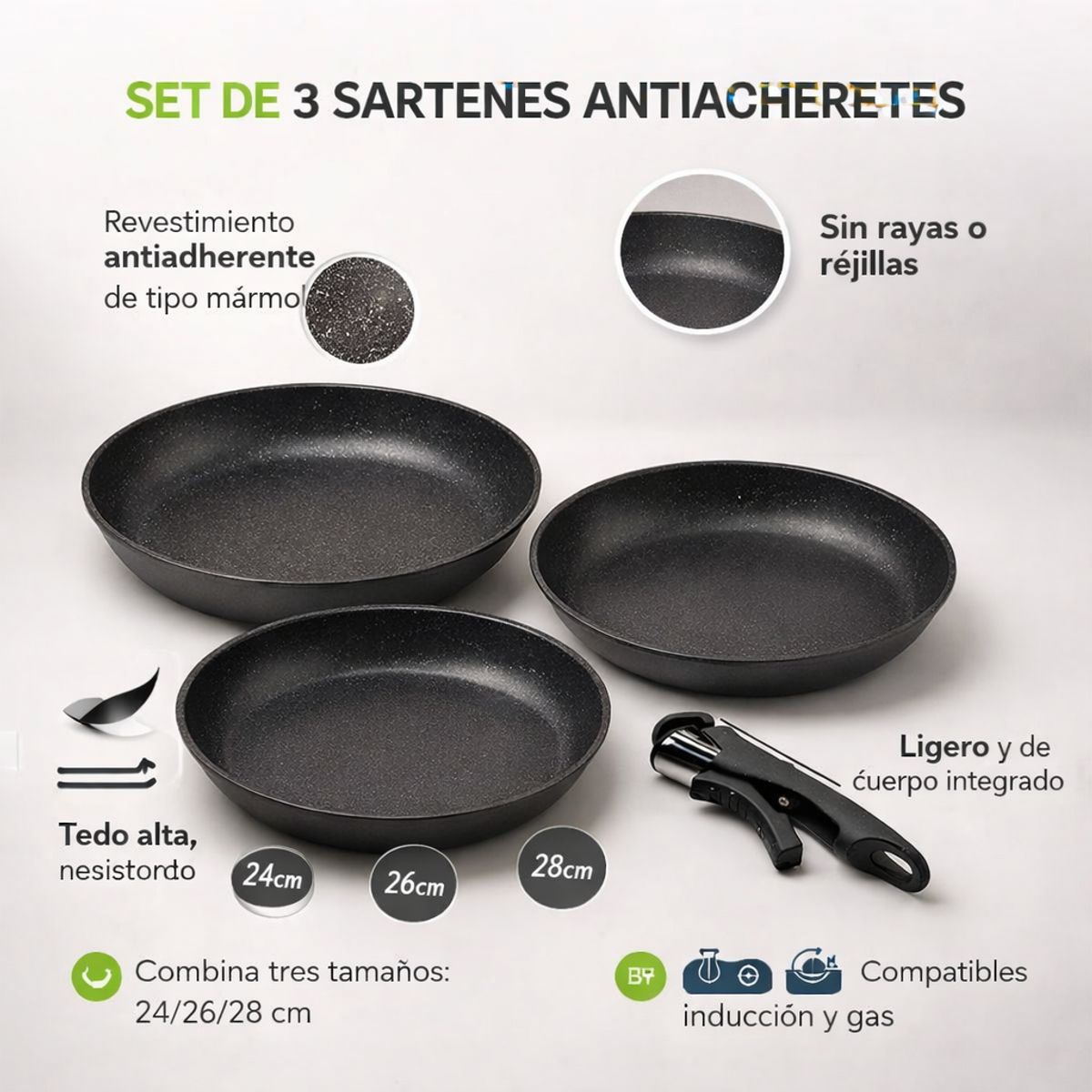 GENERICO - Juego de 3 Sartenes Negras, Mango Desmontable, Acero Carbono Antiadherente