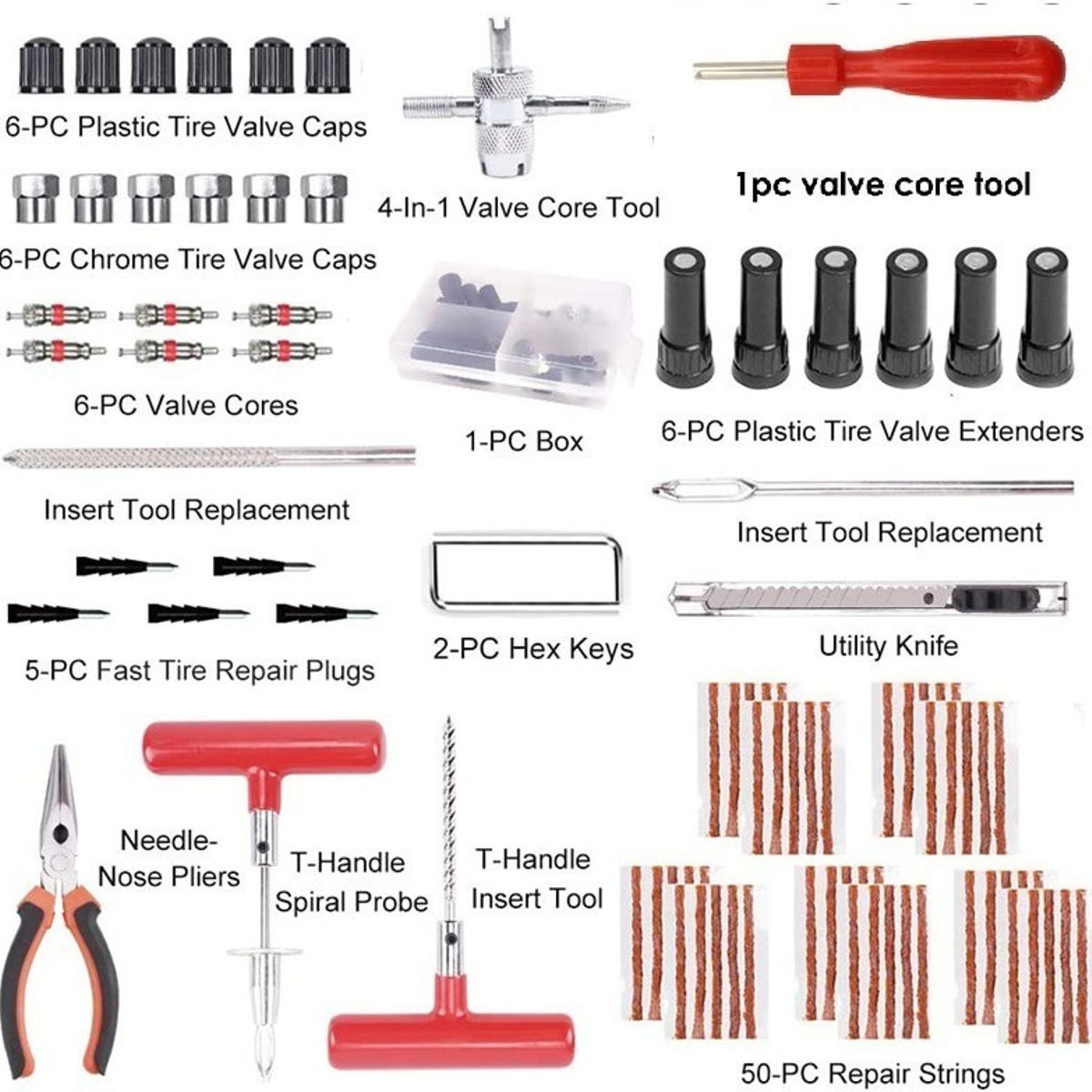 GENERICO - Kit 102 Pieza Reparación Pinchazos Neumático Emergencia Auto 213203