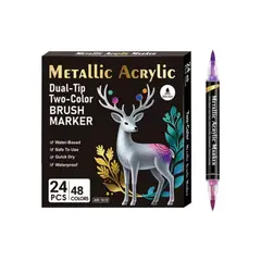GENERICO - Set 24 Marcadores Acrílicos Metálicos - Doble Punta y 48 Tonos