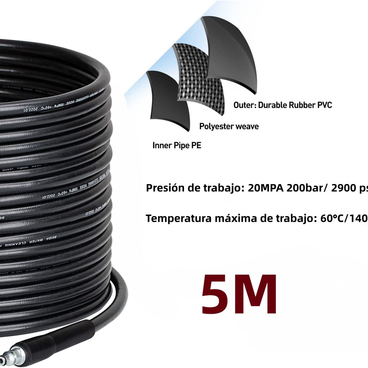 KUANGYE - 5m Manguera Hidrolavadora 200 Bar Compatible con Black-decker/bosch