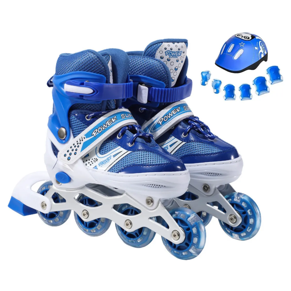 ATURE - Patines Ajustables De 4 Ruedas Para Niños+5 Pcs Protecciones Azul L