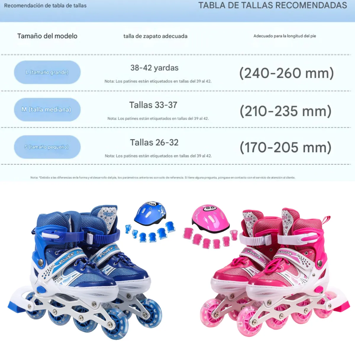 ATURE - Patines Ajustables De 4 Ruedas Para Niños+5 Pcs Protecciones Azul L