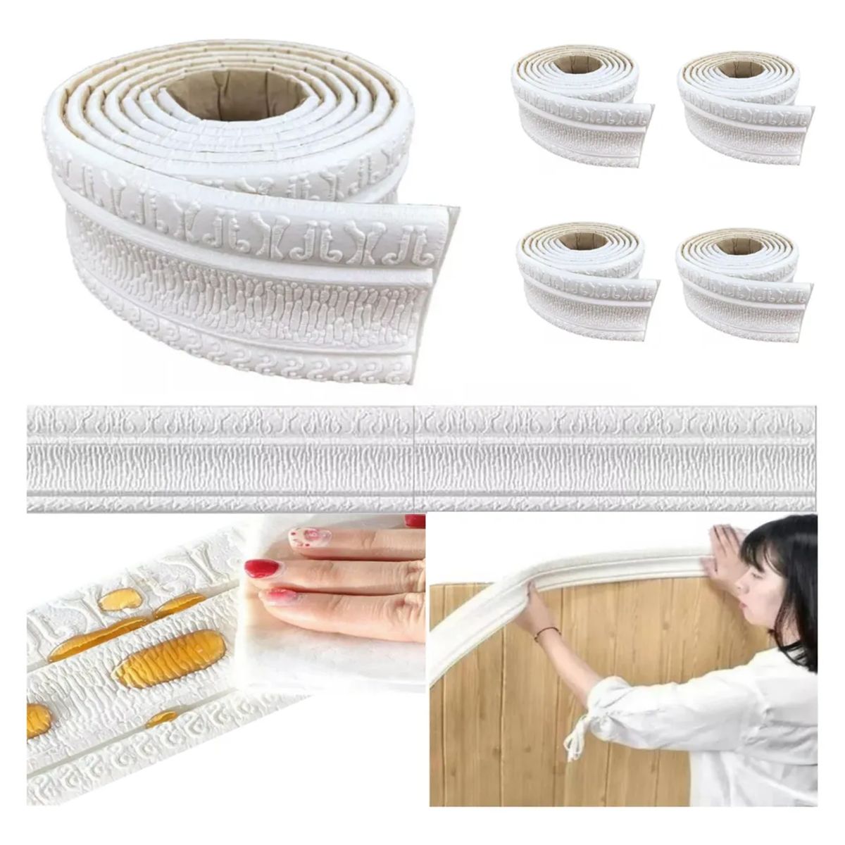 GENERICO - 5 Rollos Guardapolvo Moldura, Cornisa O Zócalo Adhesivo 2.3m Blanco