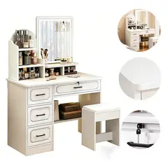 WUWAWDOGA - Tocador Dormitorio Moderno Minimalista Con Luz Espejo Silla 132x80x35cm Blanco