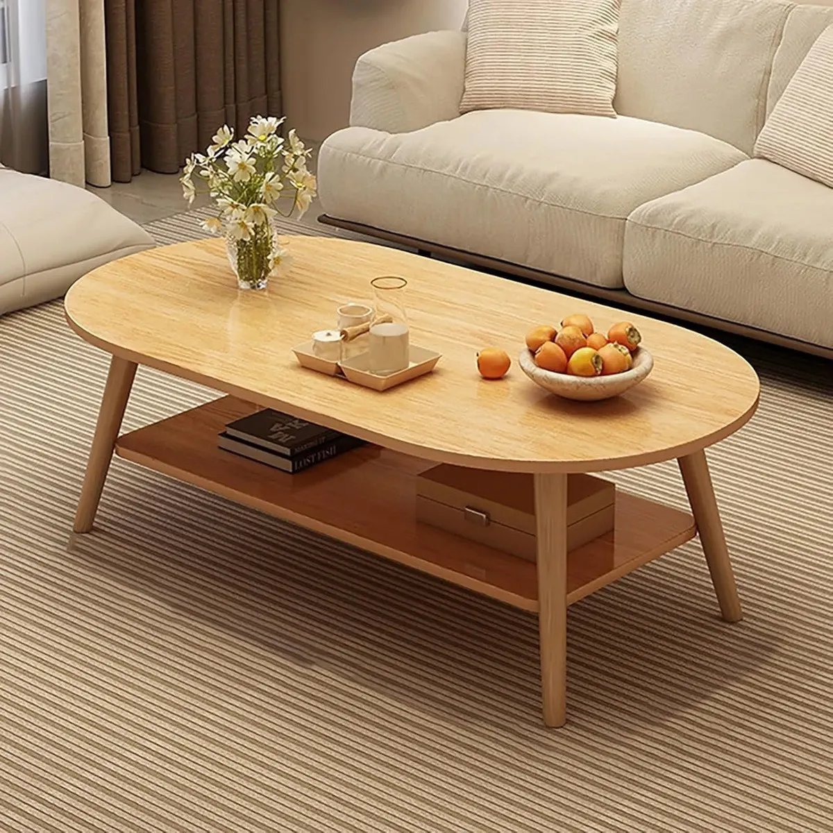 EVERSO - Mesa Auxiliar De Centro Redonda Madera 2 Niveles 20x60x42cm