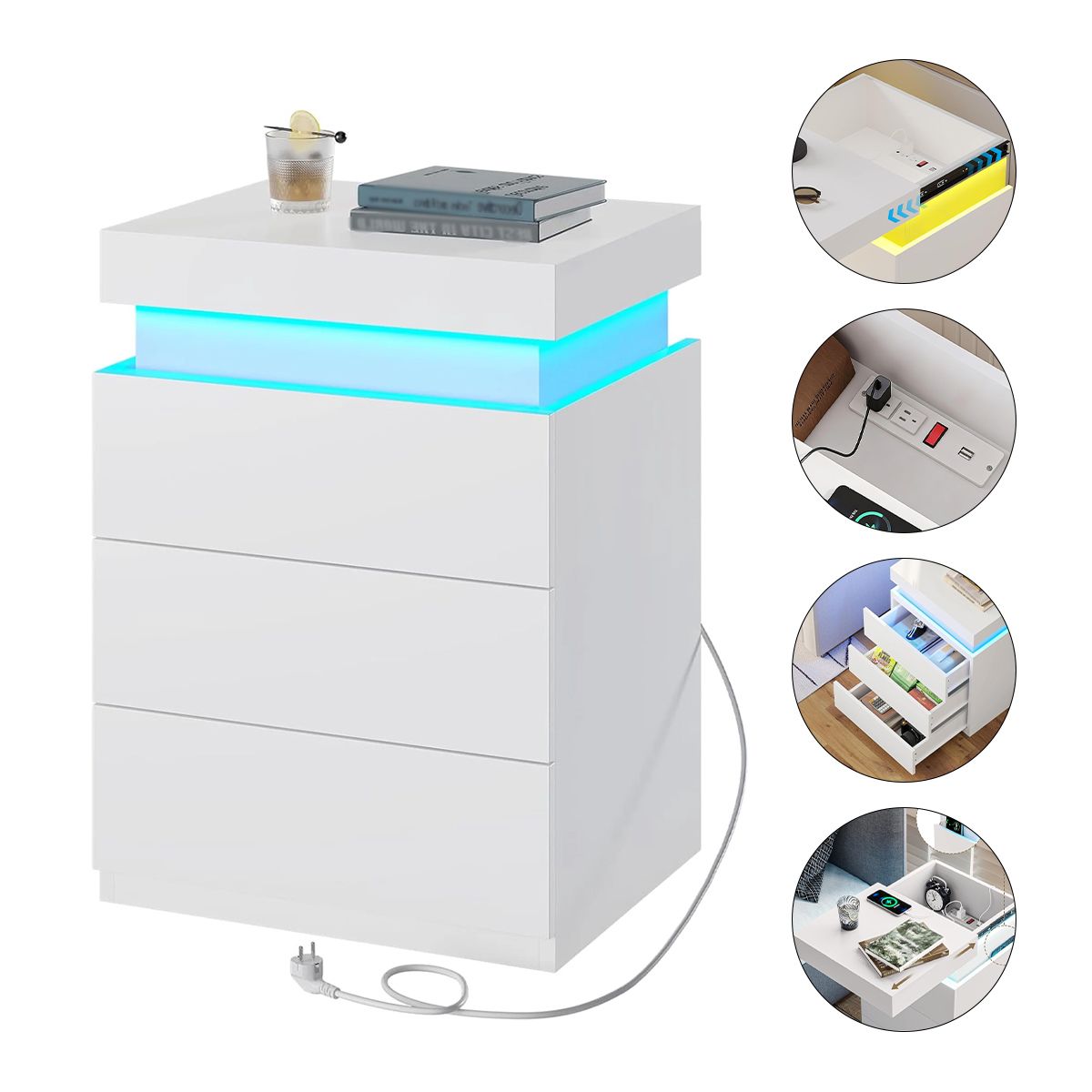 UENMI - Mesita De Noche Inteligente Con 3 Cajones E Iluminación